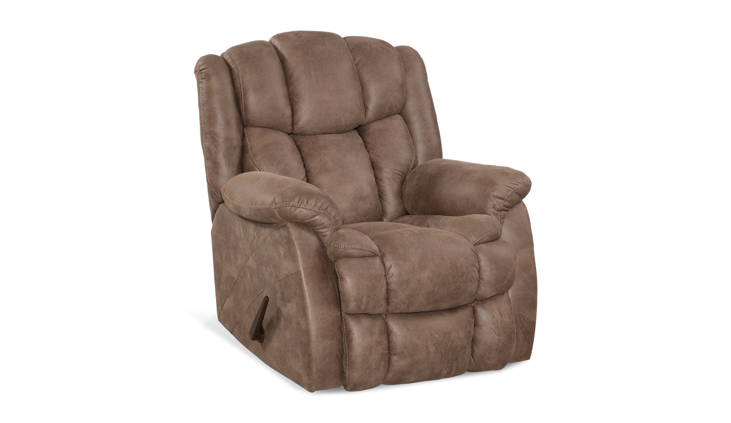 brown rocker recliner with a lever on the right hand side.