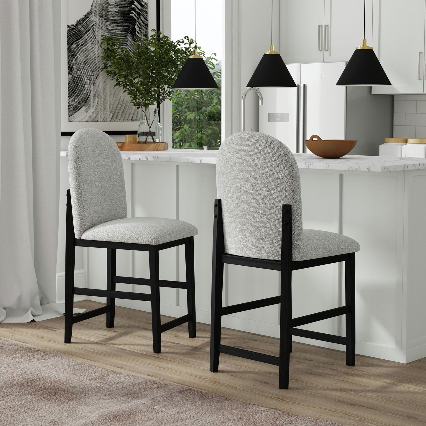 Portland - Round Back Barstool With Fabric (Set of 2) - Gray / Black