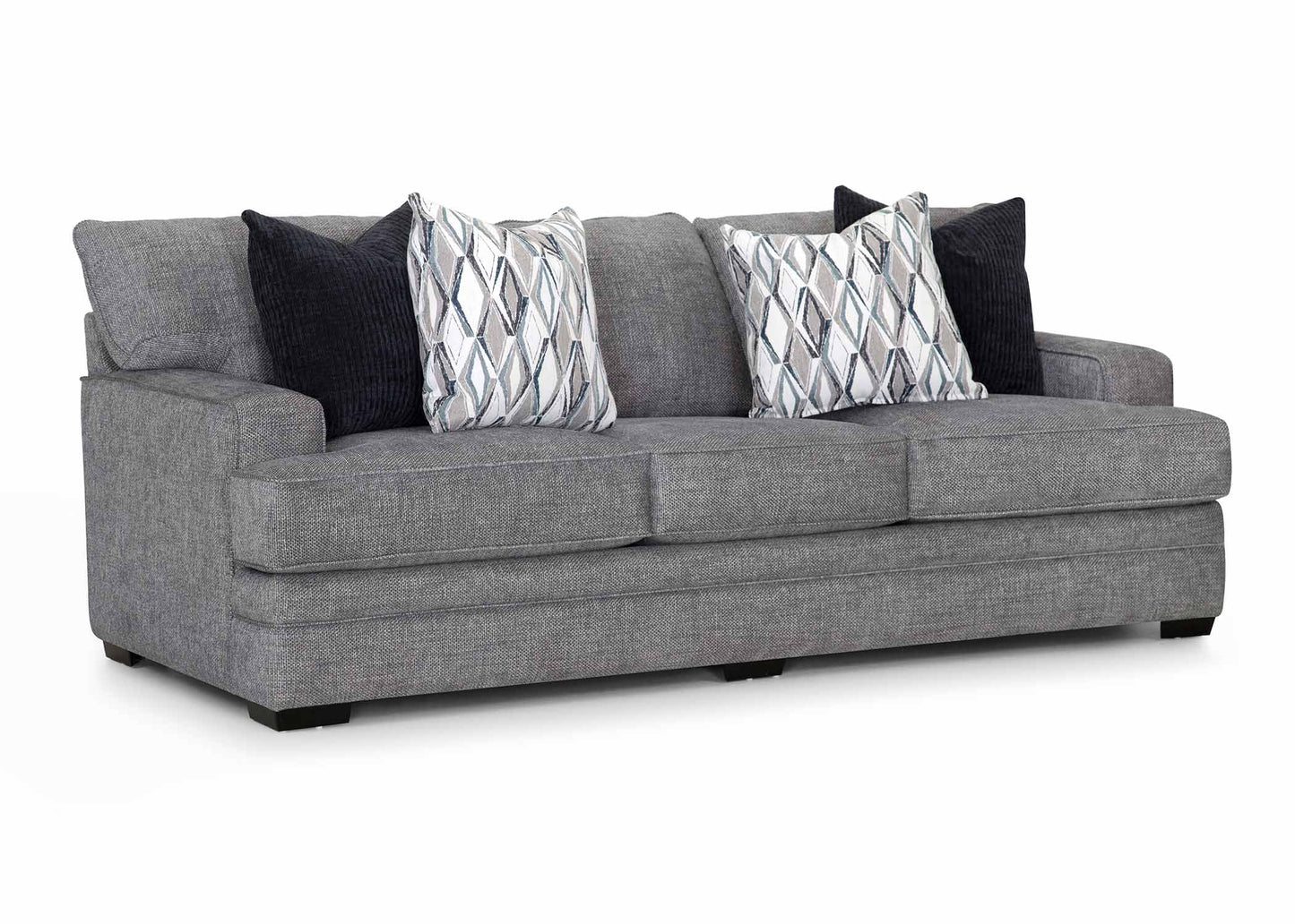 Gray sofa with decorative pillows on a white background