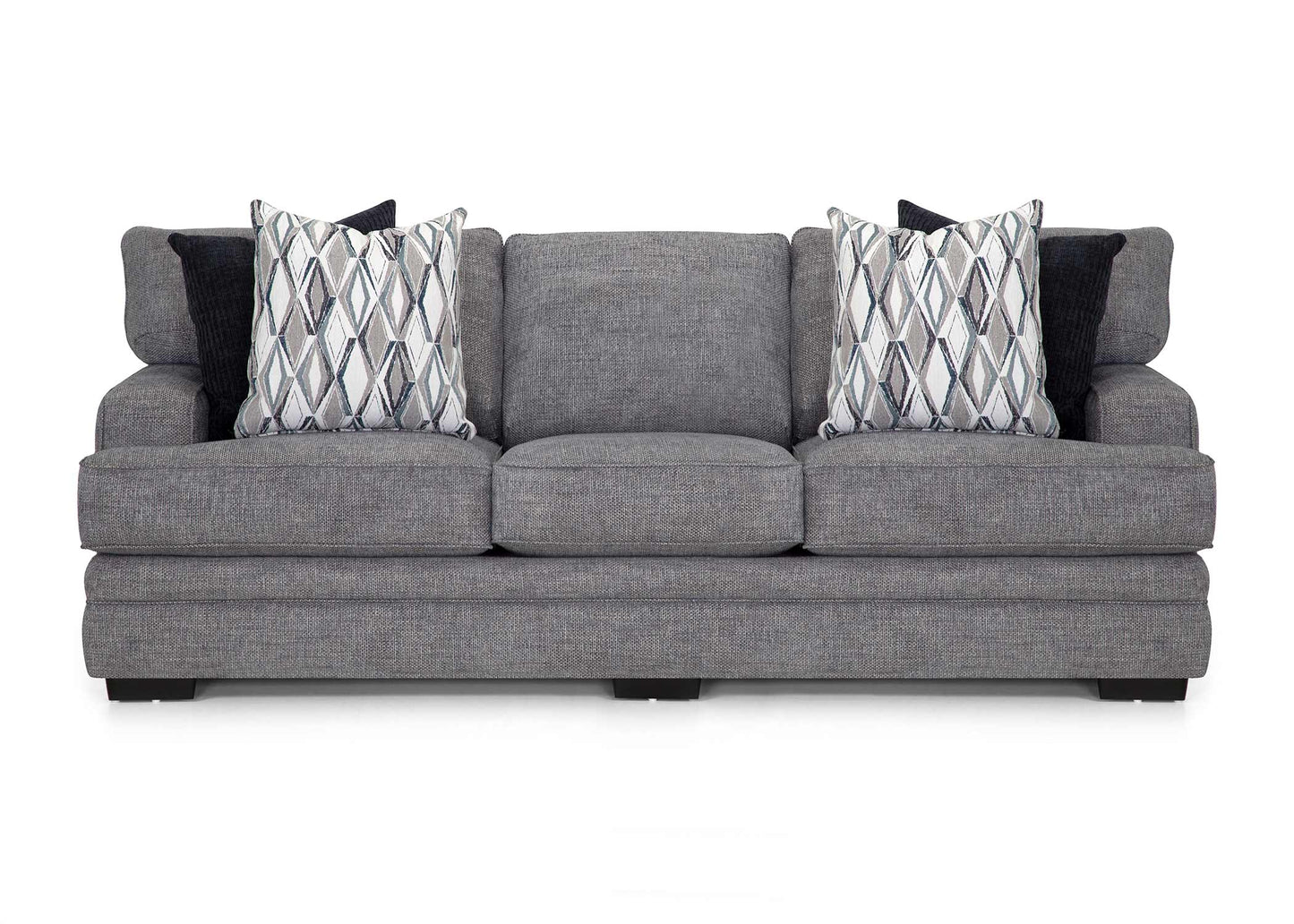 Gray sofa with patterned cushions on a white background