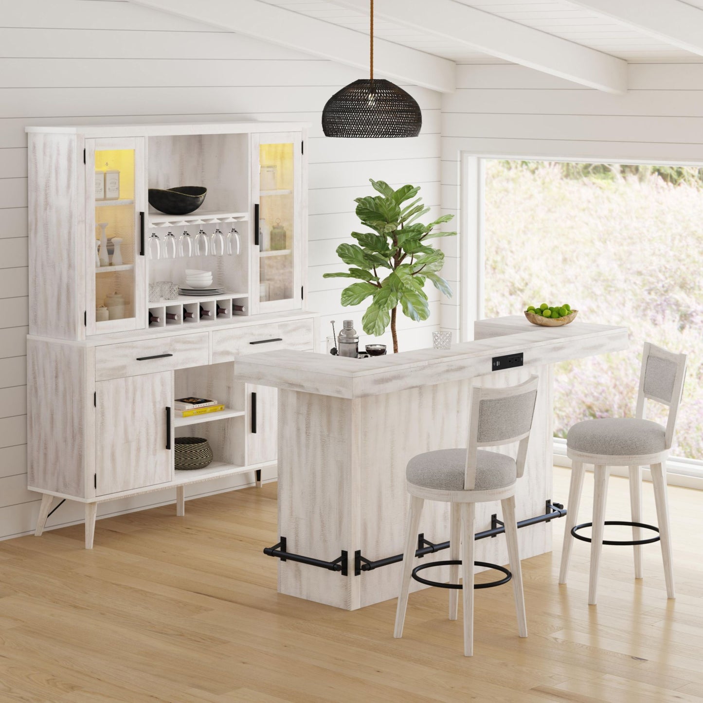Rogen Rustic Swivel Bar Stool with Grey Fabric in Rustic White (2 Per Carton)