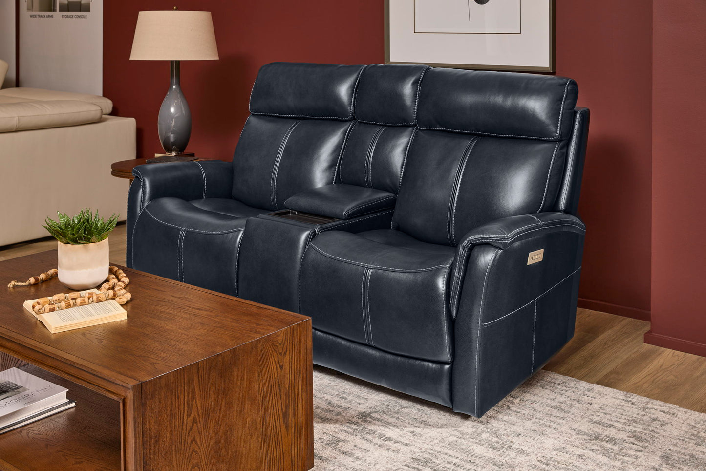 View - Power Reclining Loveseat With Console, Power Headrest & Lumbar