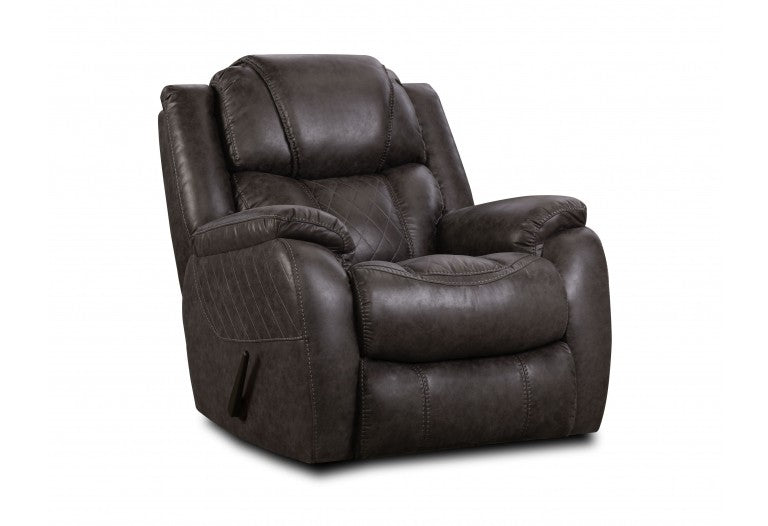 Sundance rocker recliner with quilted accents, plush leg support, and soft foam arms in polyester fabric.