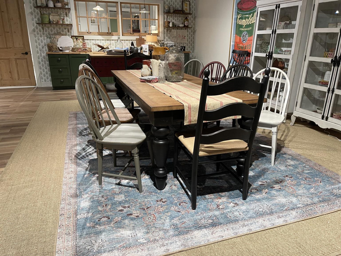 Vintage Market - Round Dining Table Complete - Barnwood Oak And Kettle Black