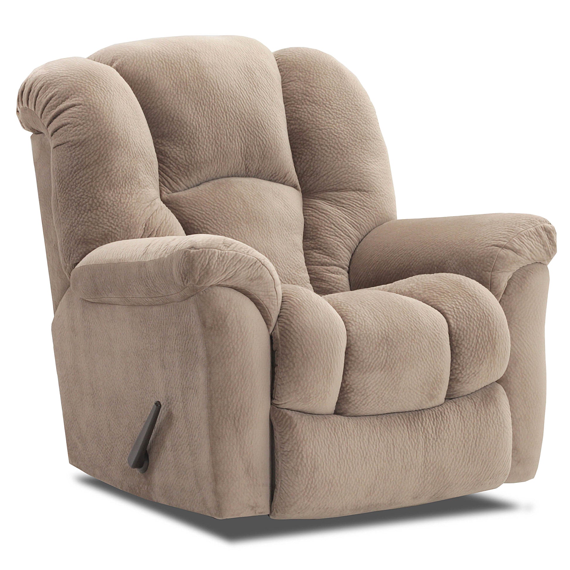 Beige recliner chair with reclining lever on side on a white background