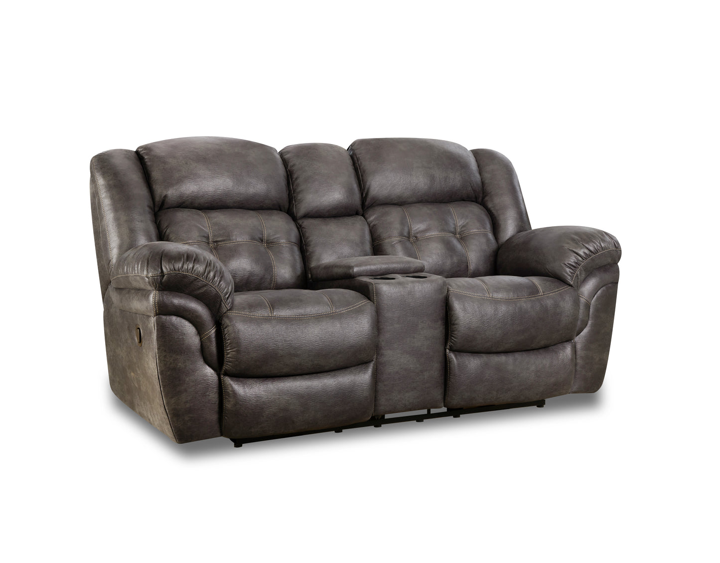 Frontier reclining loveseat with center console, charcoal upholstery, wide armrests, and manual recline levers, shown from a diagonal angle.