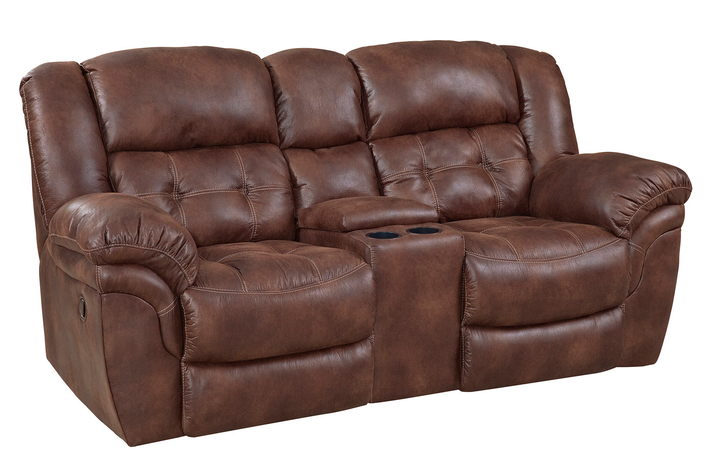 Frontier reclining loveseat with center console, Expresso upholstery, wide armrests, and manual recline levers, shown from a diagonal angle.