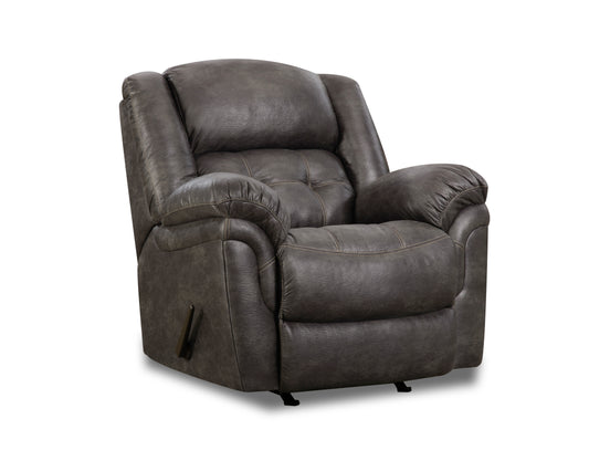 Frontier recliner in charcoal upholstery with wide arms and manual recline lever, shown from a diagonal angle.
