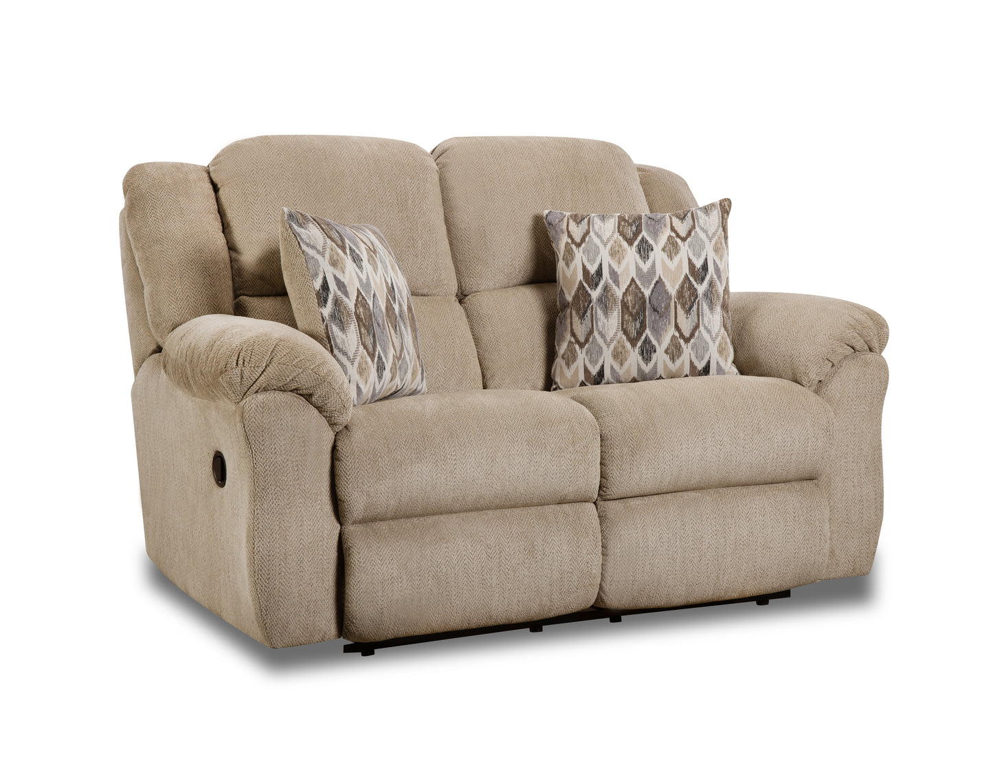 Beige reclining sofa with patterned cushions on a white background