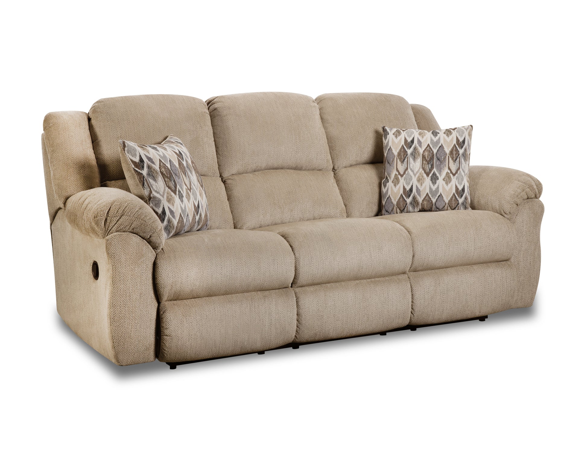 Beige sofa with patterned pillows on a white background