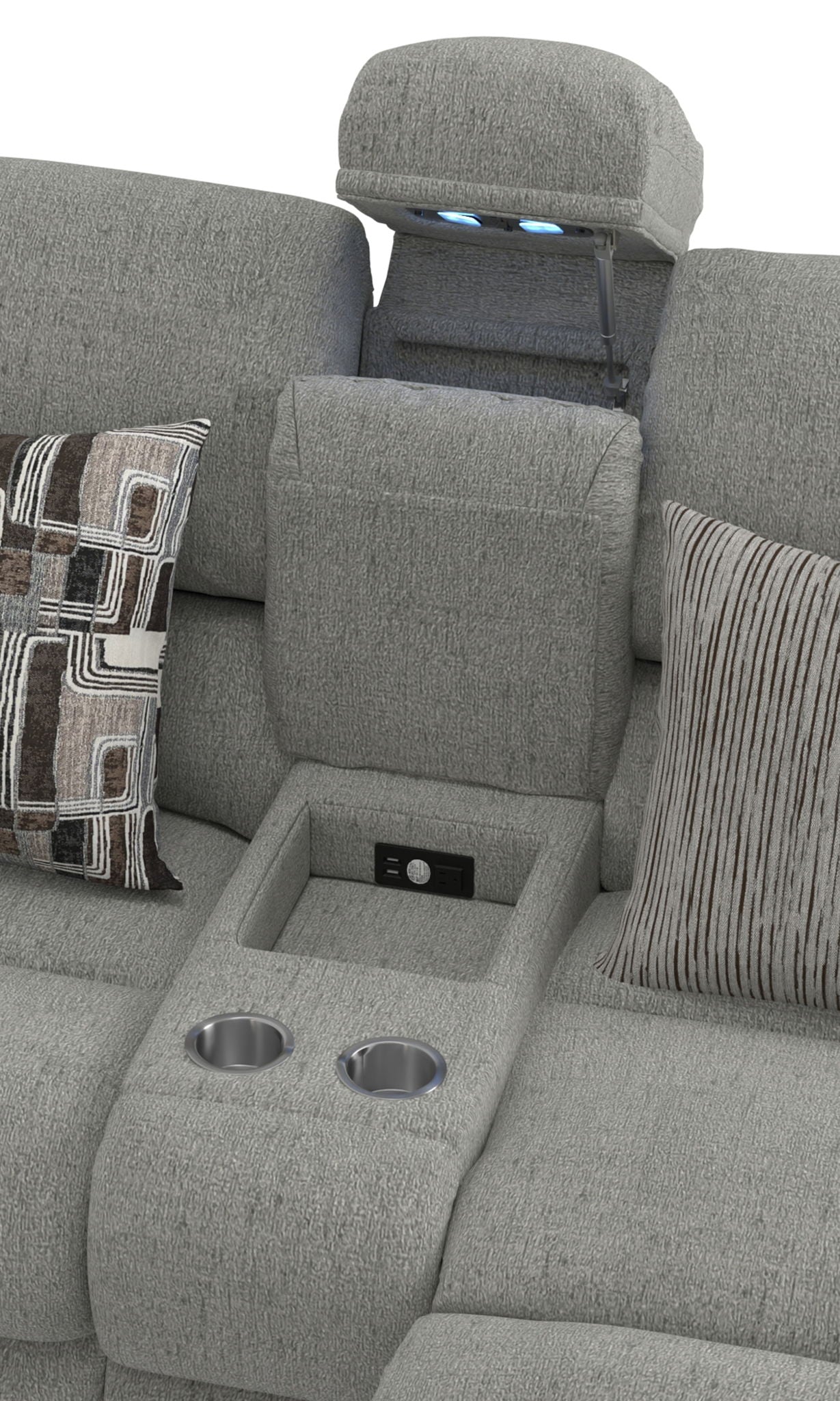 Quinn - 3 Piece Reclining Sectional With 4 Reclining Seats, Storage Arms, Storage Console With Lights, And Drop Down Table - Nature