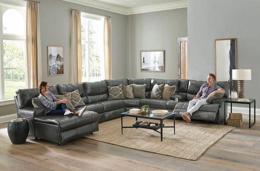 Como - 7 Piece Italian Leather Match Manual Reclining Sectional With 2 Reclining Seats - Steel