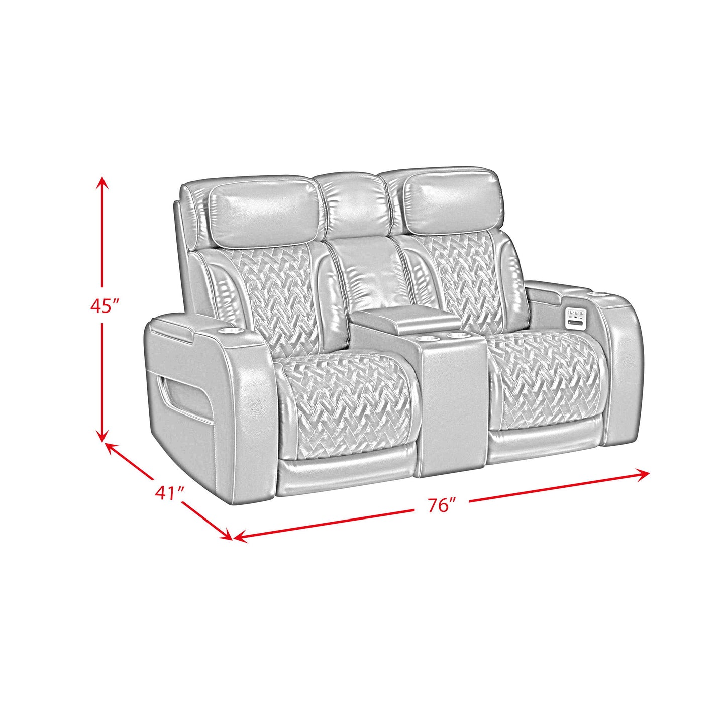 Prime Time - P3 Loveseat With LED, Wireless Charger Pocket, And Console - Jett Black With Red Stitching