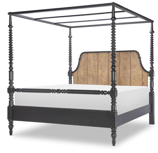 Vintage Market - Bobbin Post Footboard Queen With 4 Slats - Barnwood Oak And Kettle Black