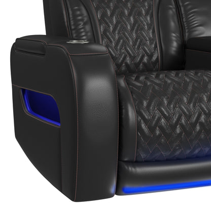 Prime Time - P3 Loveseat With LED, Wireless Charger Pocket, And Console - Jett Black With Red Stitching