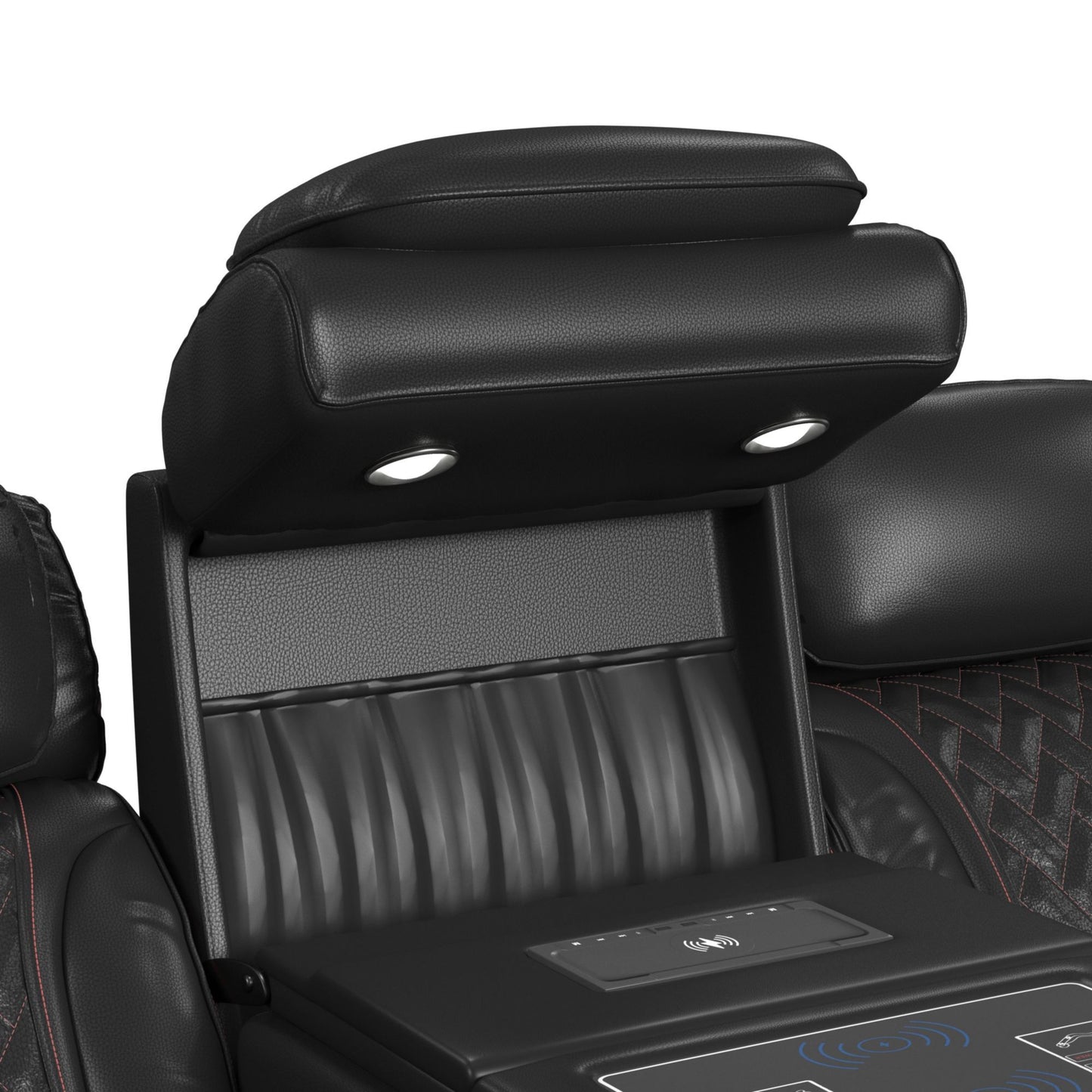 Prime Time - P3 Sofa With I Table, Reading Light, Heat, Massage, LED, And Speaker - Jett Black With Red Stitching