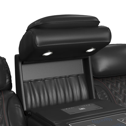 Prime Time - P3 Sofa With I Table, Reading Light, Heat, Massage, LED, And Speaker - Jett Black With Red Stitching