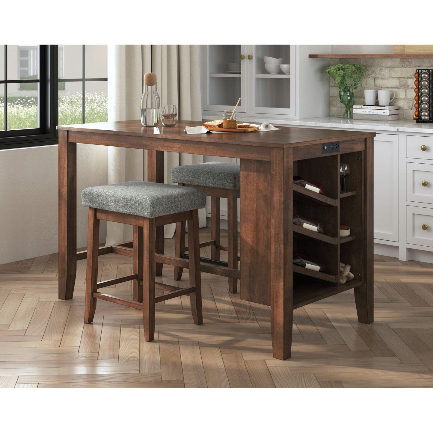 Santa Barbara - Kitchen Island & 2 Counter Stools With Fabric - Walnut / Dark Gray