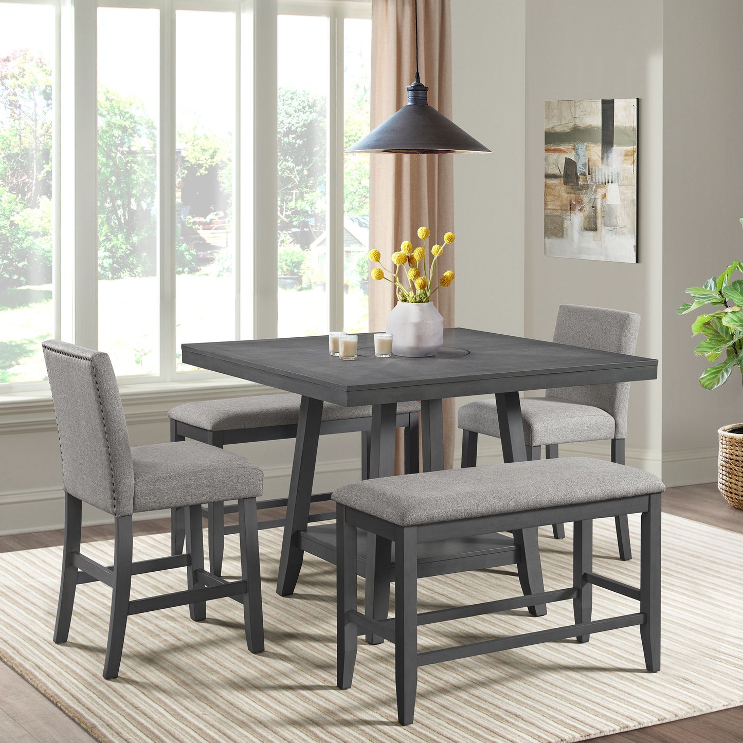 Seneca - Counter Bench Without Back And With Gray Fabric - Gray