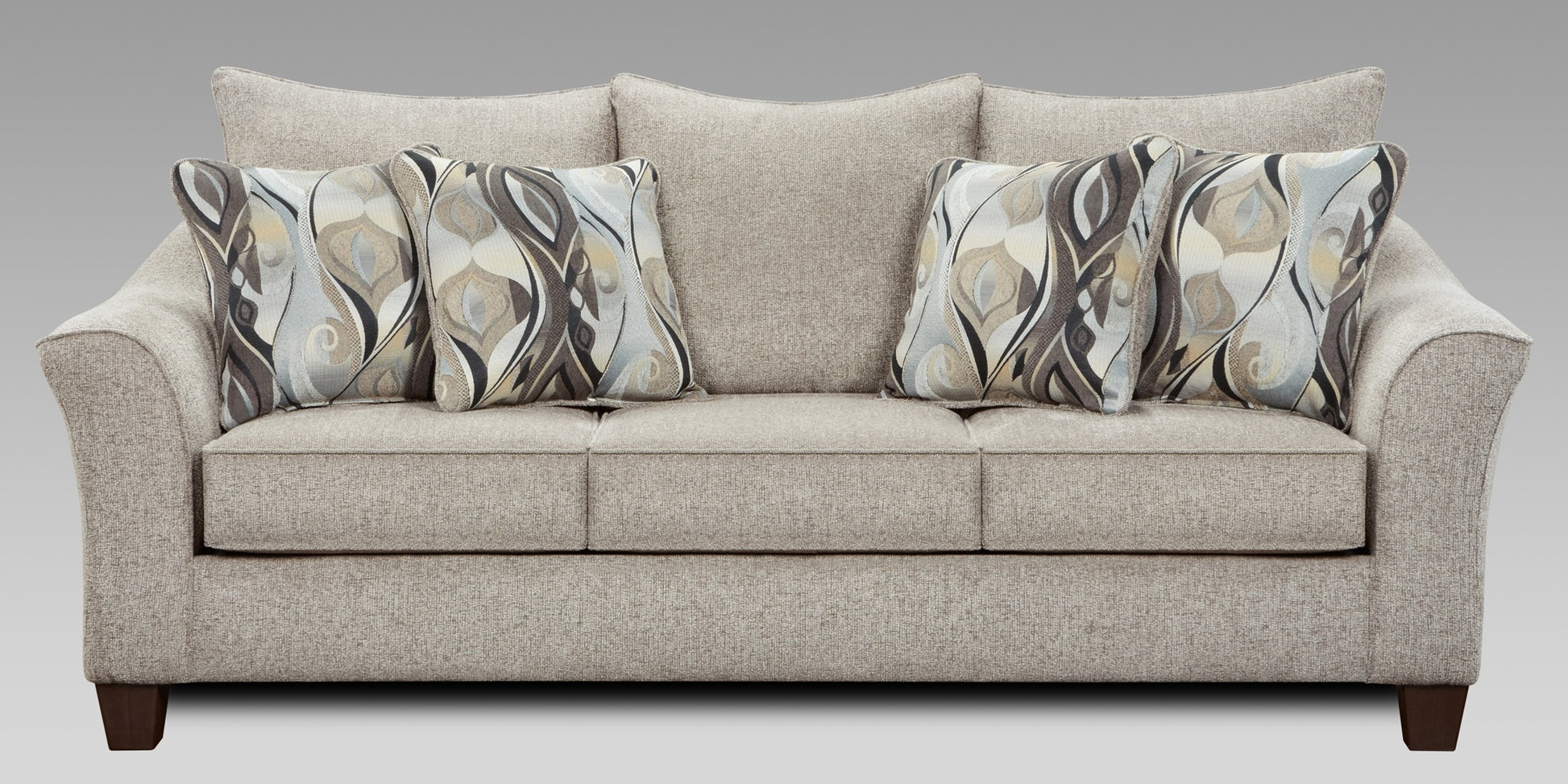 Beige sofa with patterned cushions on a gray background