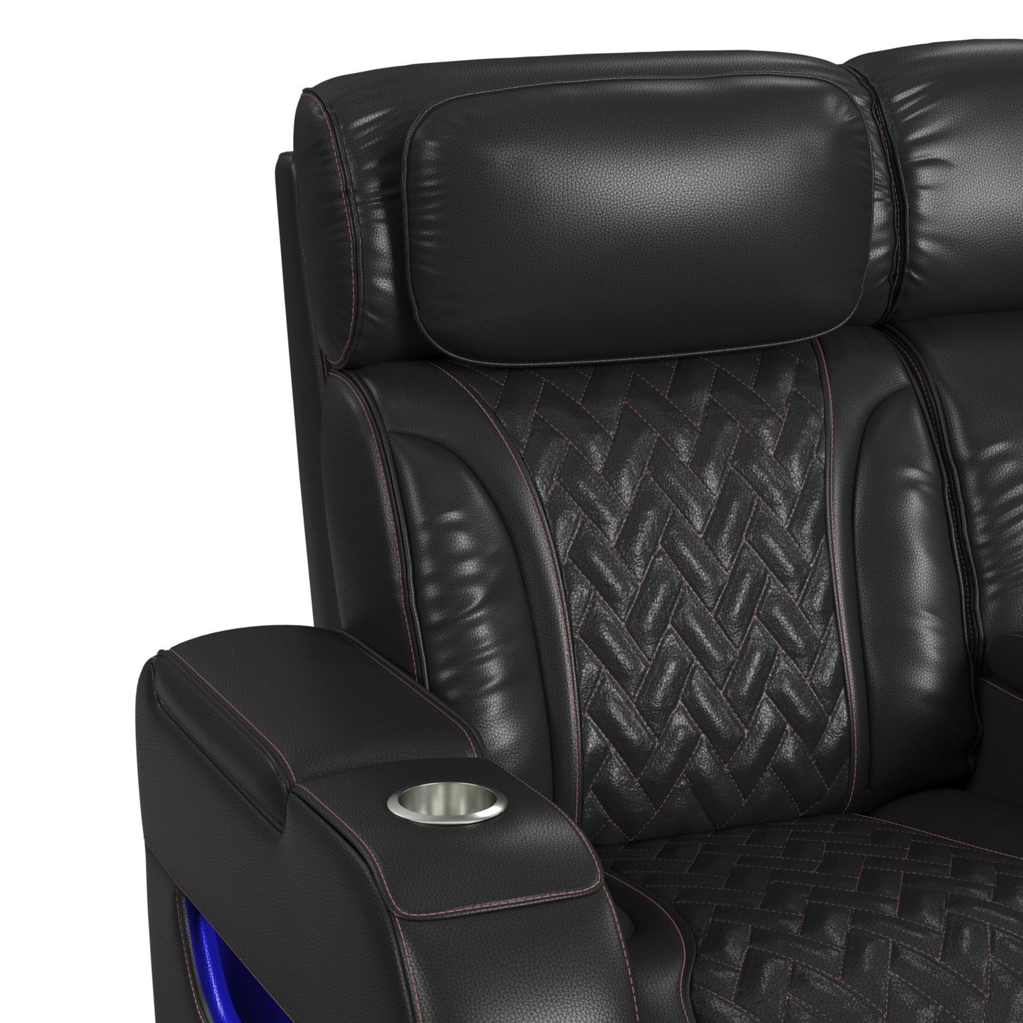 Prime Time - P3 Loveseat With LED, Wireless Charger Pocket, And Console - Jett Black With Red Stitching