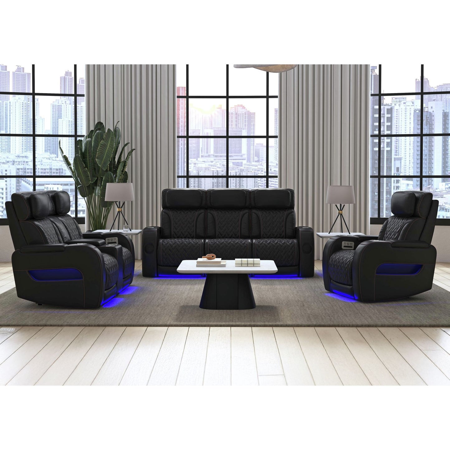 Prime Time - P3 Sofa With I Table, Reading Light, Heat, Massage, LED, And Speaker - Jett Black With Red Stitching