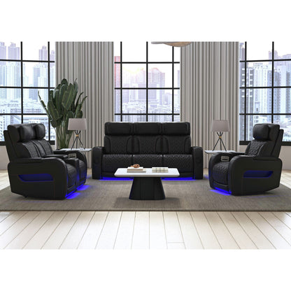 Prime Time - P3 Loveseat With LED, Wireless Charger Pocket, And Console - Jett Black With Red Stitching