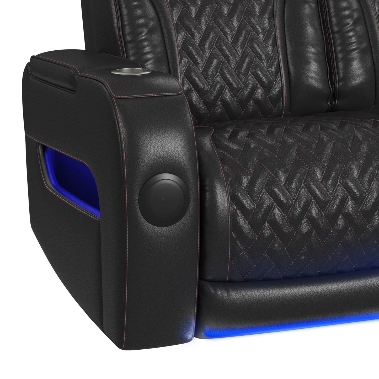 Prime Time - P3 Sofa With I Table, Reading Light, Heat, Massage, LED, And Speaker - Jett Black With Red Stitching