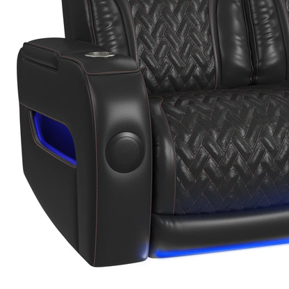 Prime Time - P3 Sofa With I Table, Reading Light, Heat, Massage, LED, And Speaker - Jett Black With Red Stitching