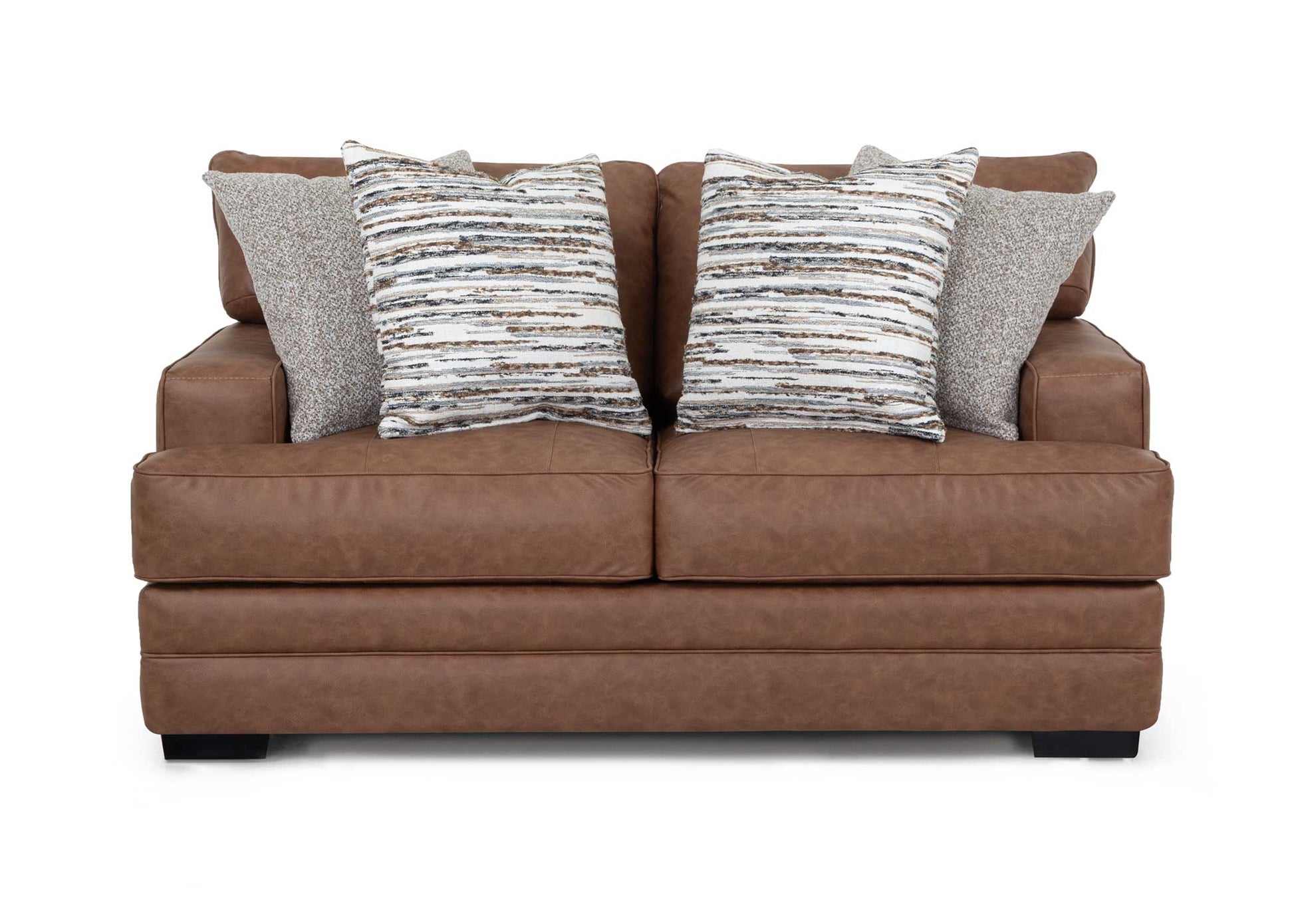 Brown sofa with patterned cushions on a white background front