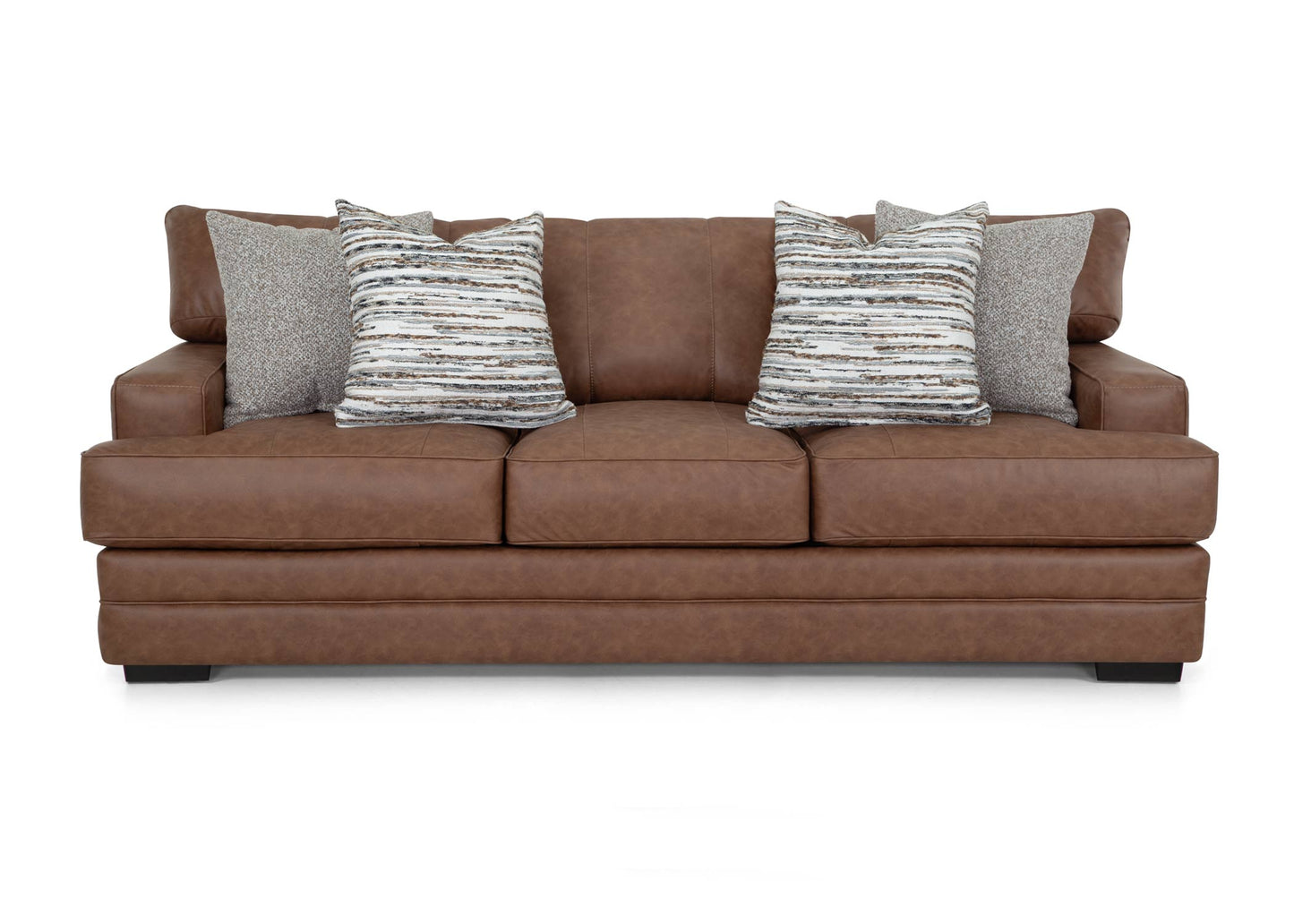 Brown leather sofa with patterned cushions on a white background Front