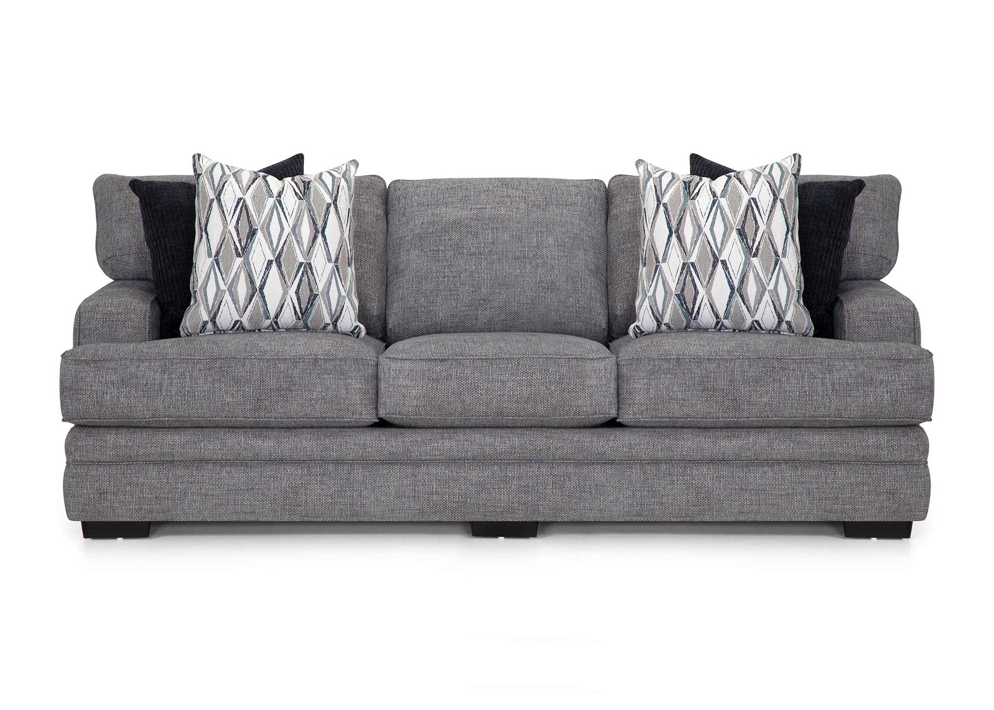 Gray sofa with patterned cushions on a white background