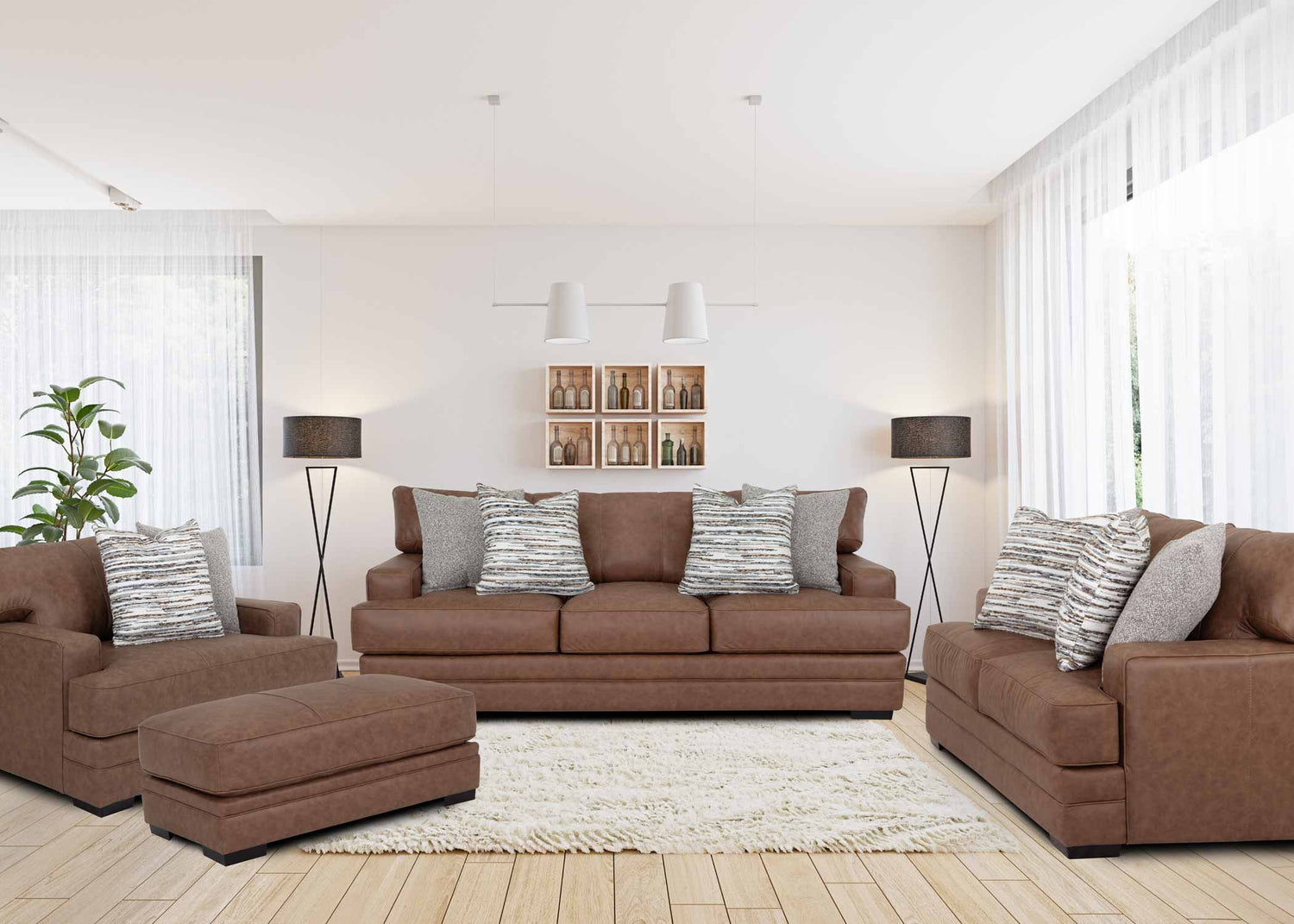 Brown sectional sofa with patterned cushions in a modern living room.