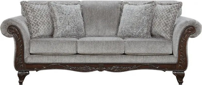 Gray sofa with decorative pillows on a white background