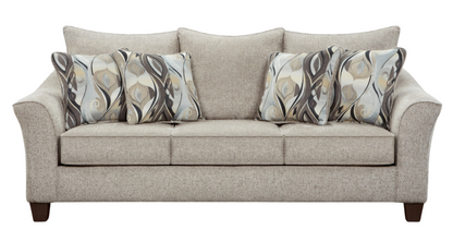 Beige sofa with patterned cushions on a white background