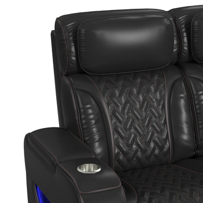 Prime Time - P3 Sofa With I Table, Reading Light, Heat, Massage, LED, And Speaker - Jett Black With Red Stitching