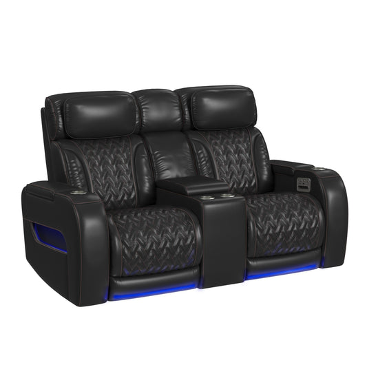 Prime Time - P3 Loveseat With LED, Wireless Charger Pocket, And Console - Jett Black With Red Stitching