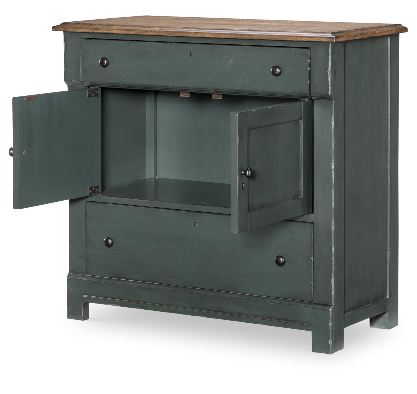 Vintage Market - Washstand Accent Chest 2 Drawers - Barnwood Oak And Mallard Green