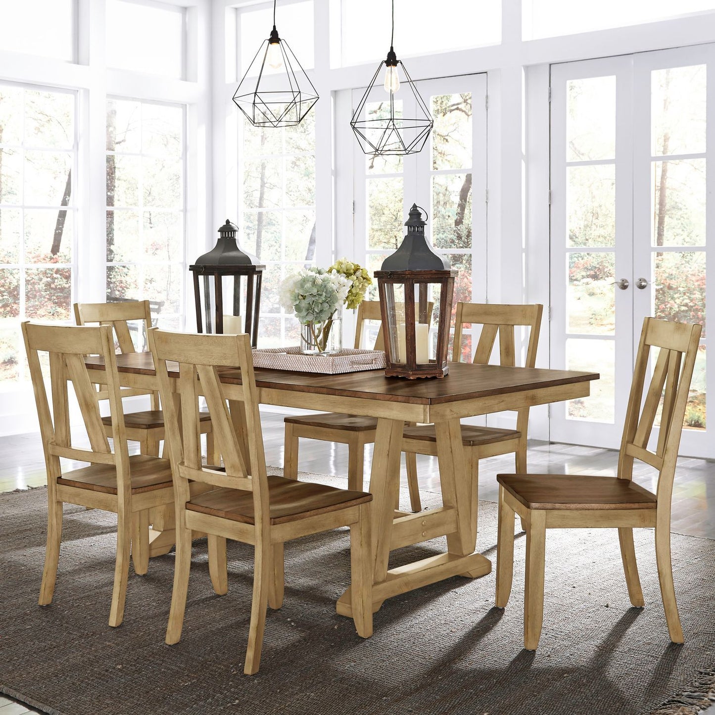 Lindsey Farm - 7 Piece Trestle Table Set - Brown / Dark Brown