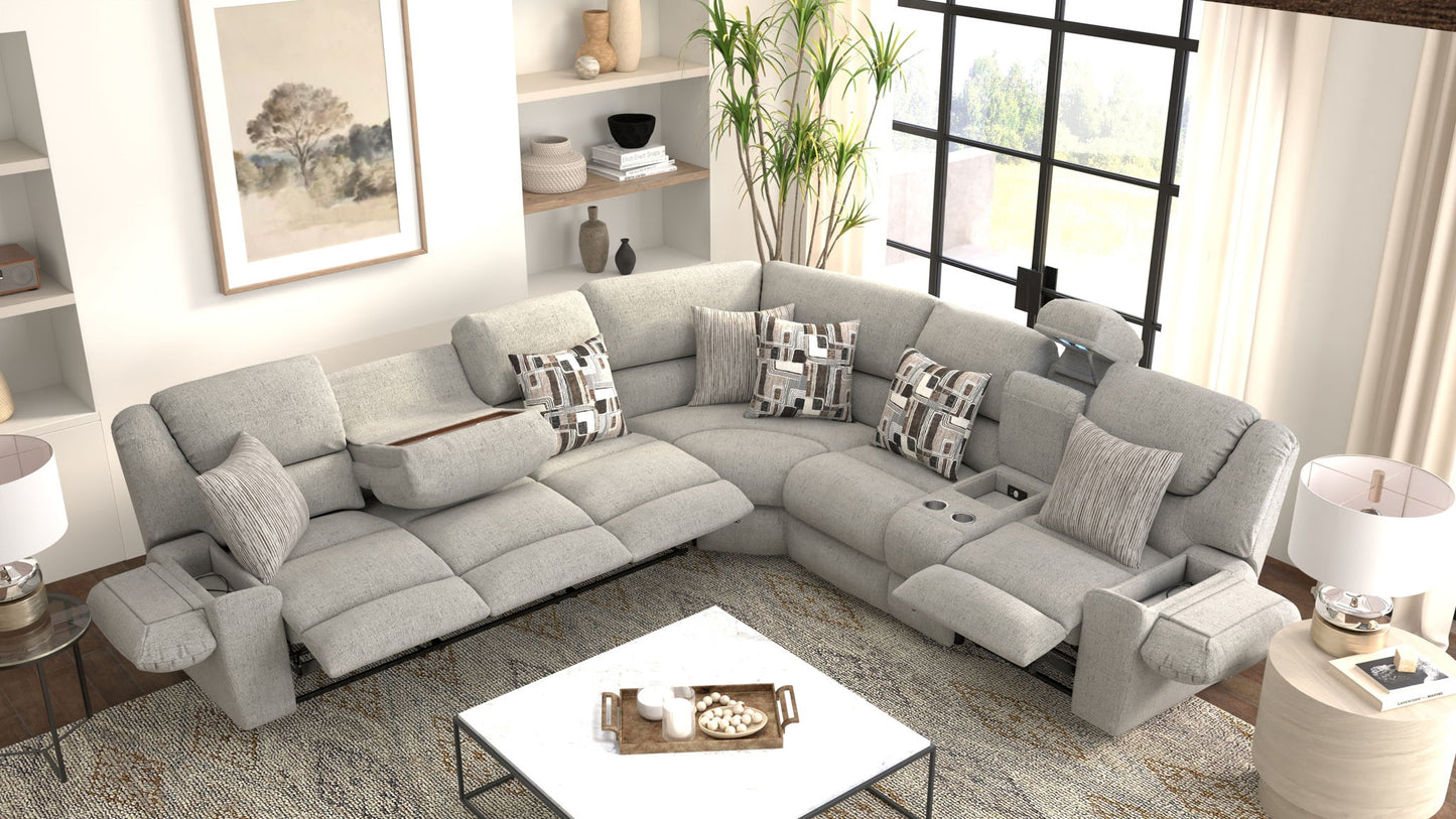 Quinn - 3 Piece Reclining Sectional With 4 Reclining Seats, Storage Arms, Storage Console With Lights, And Drop Down Table - Nature