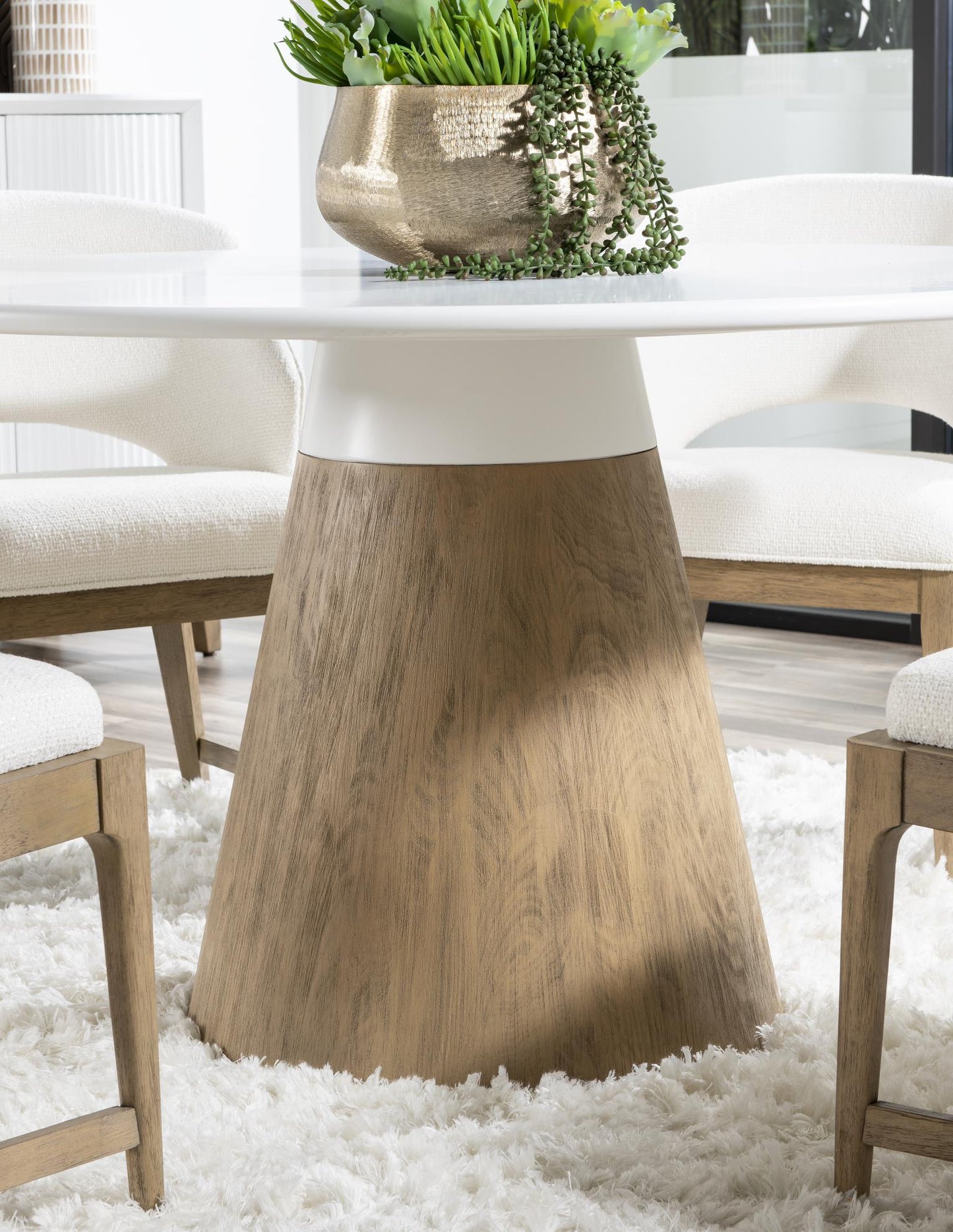 Melrose - Complete Round Dining Table - Cloud White And Desert Oak