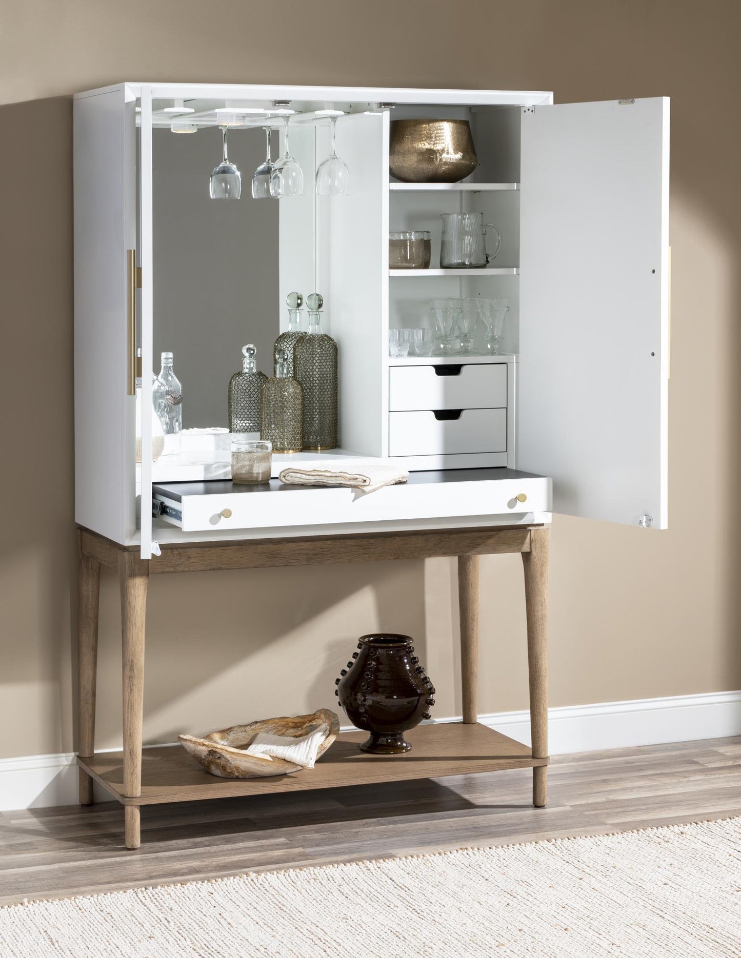 Melrose - Bar Console - Cloud White And Desert Oak