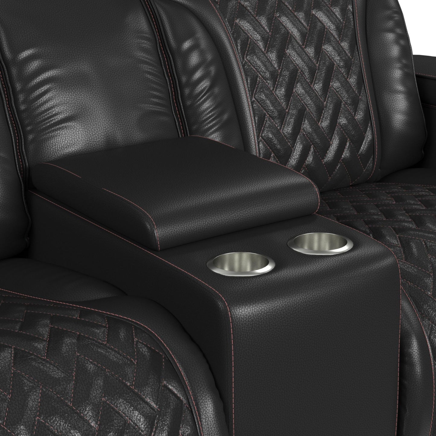 Prime Time - P3 Loveseat With LED, Wireless Charger Pocket, And Console - Jett Black With Red Stitching