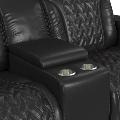Prime Time - P3 Loveseat With LED, Wireless Charger Pocket, And Console - Jett Black With Red Stitching