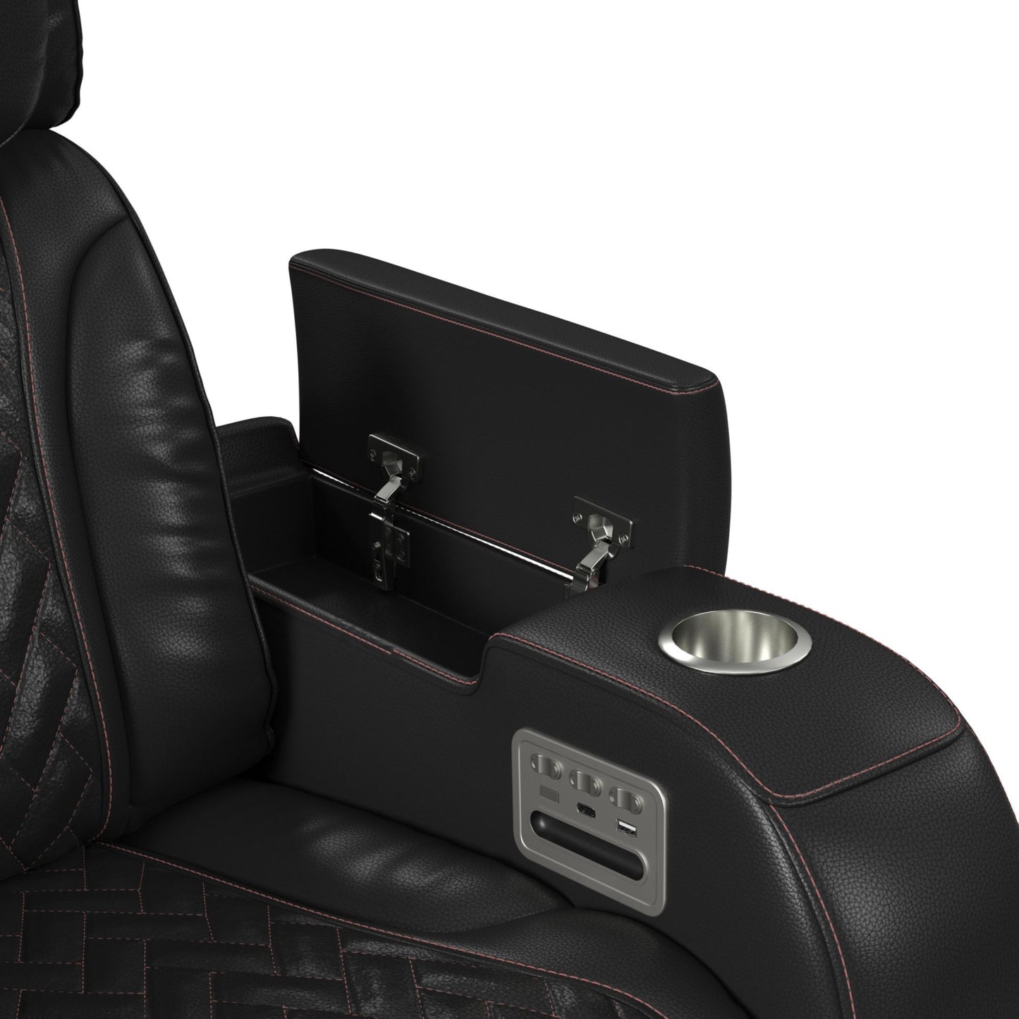 Prime Time - P3 Loveseat With LED, Wireless Charger Pocket, And Console - Jett Black With Red Stitching