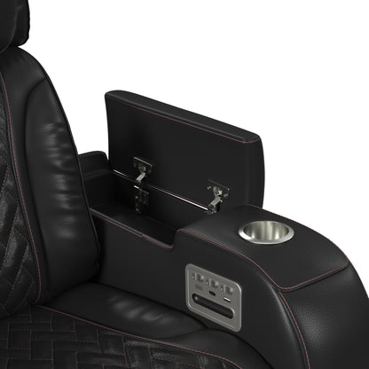 Prime Time - P3 Loveseat With LED, Wireless Charger Pocket, And Console - Jett Black With Red Stitching