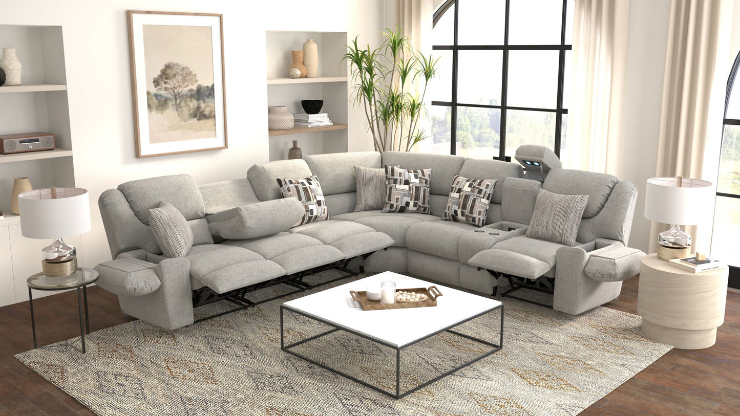 Quinn - 3 Piece Reclining Sectional With 4 Reclining Seats, Storage Arms, Storage Console With Lights, And Drop Down Table - Nature