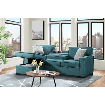 Caracas - Sectional RHF Loveseat With Pull Bed, Dropdown Table, 1 USB & 1 Pillow - Palmer Teal