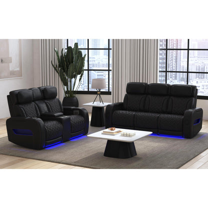 Prime Time - P3 Loveseat With LED, Wireless Charger Pocket, And Console - Jett Black With Red Stitching