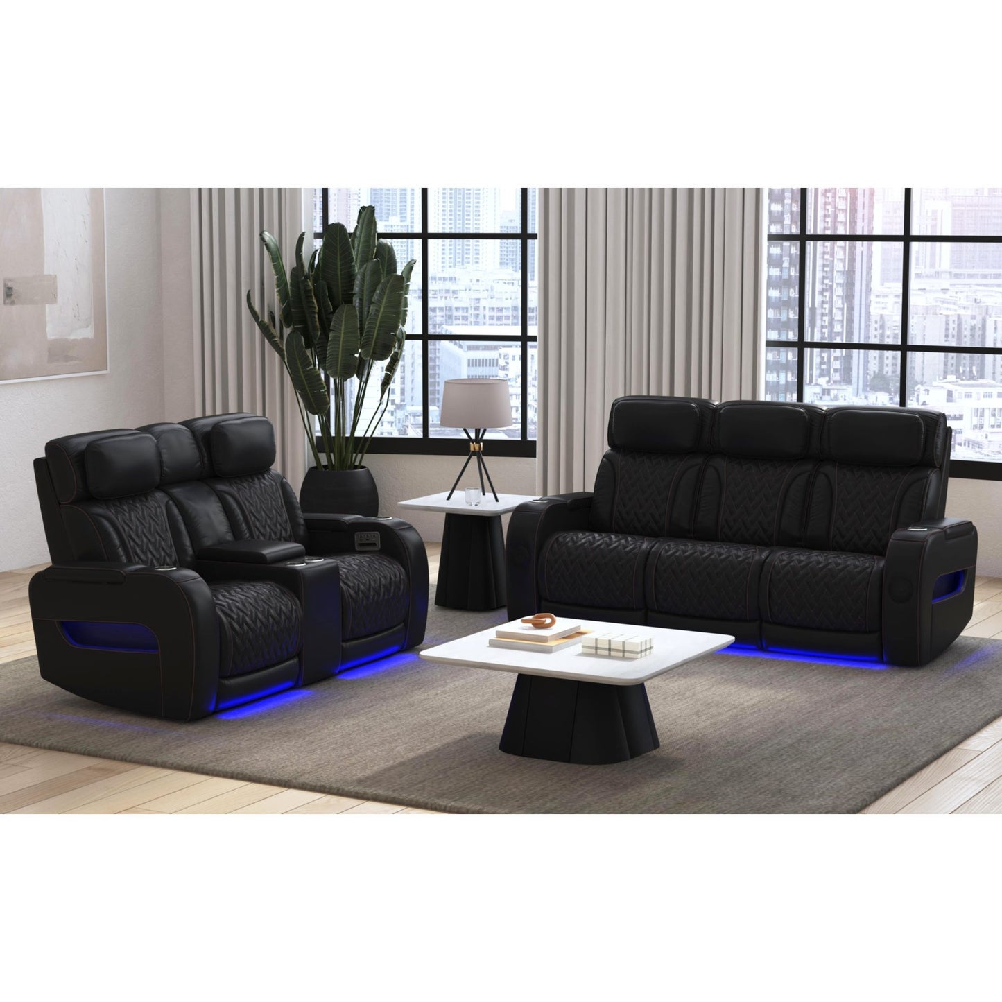 Prime Time - P3 Sofa With I Table, Reading Light, Heat, Massage, LED, And Speaker - Jett Black With Red Stitching